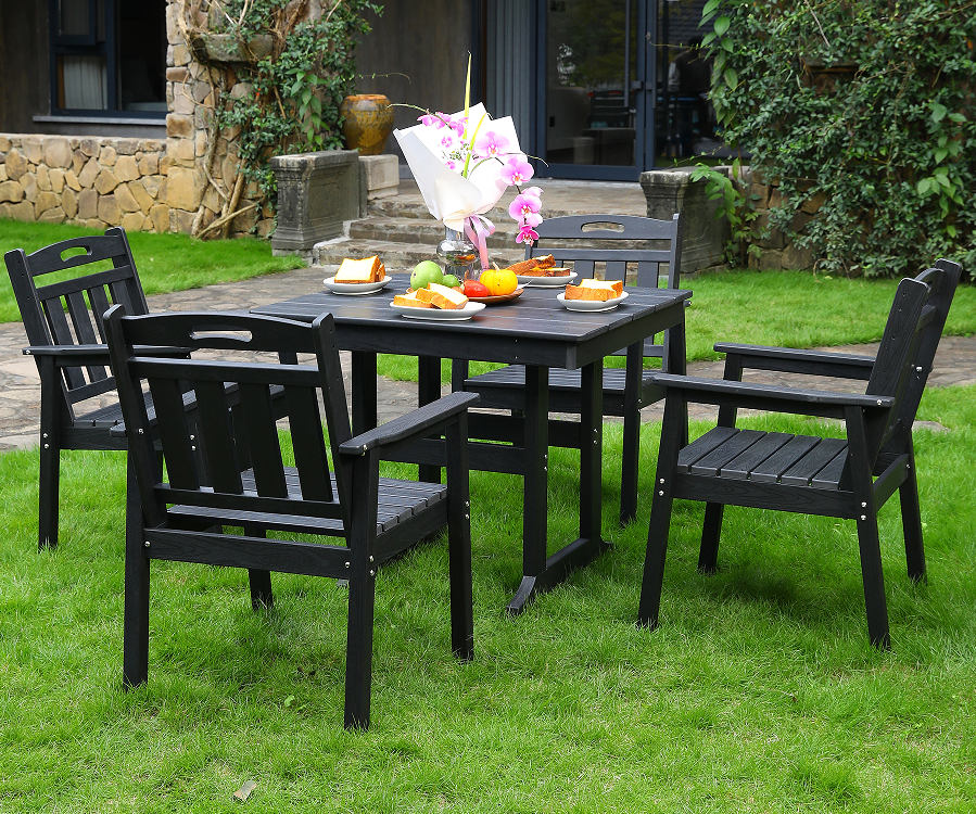 Sedia da pranzo per esterni in HDPE 4 sedie + tavolo quadrato set schienale verticale nero