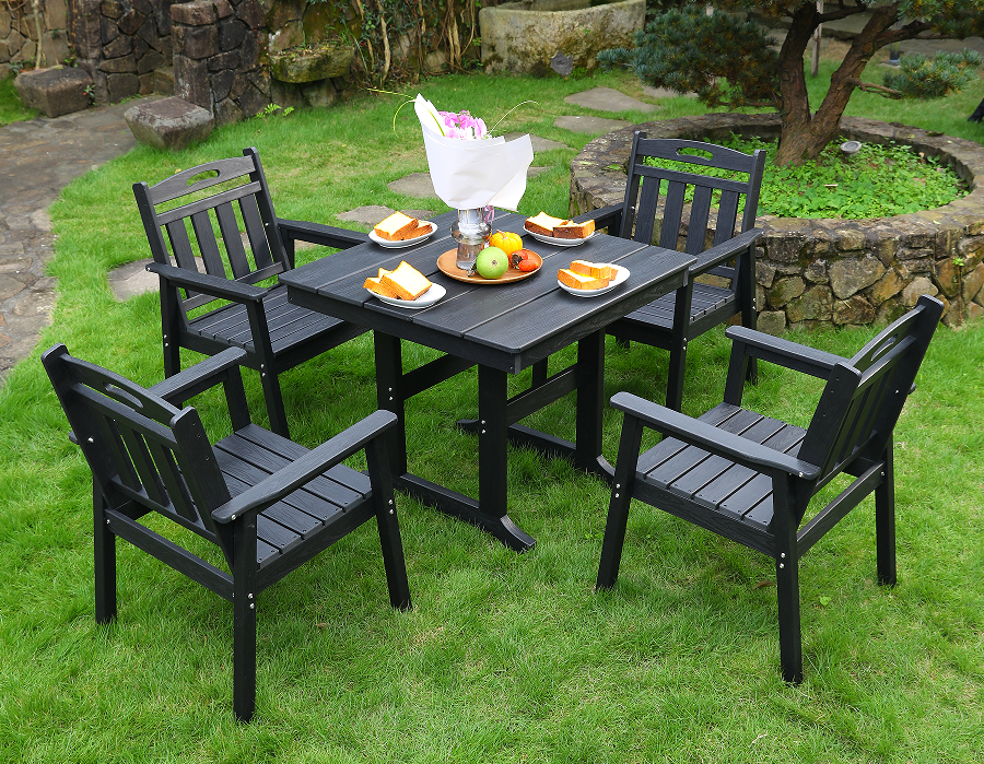 Sedia da pranzo per esterni in HDPE 4 sedie + tavolo quadrato set schienale verticale nero