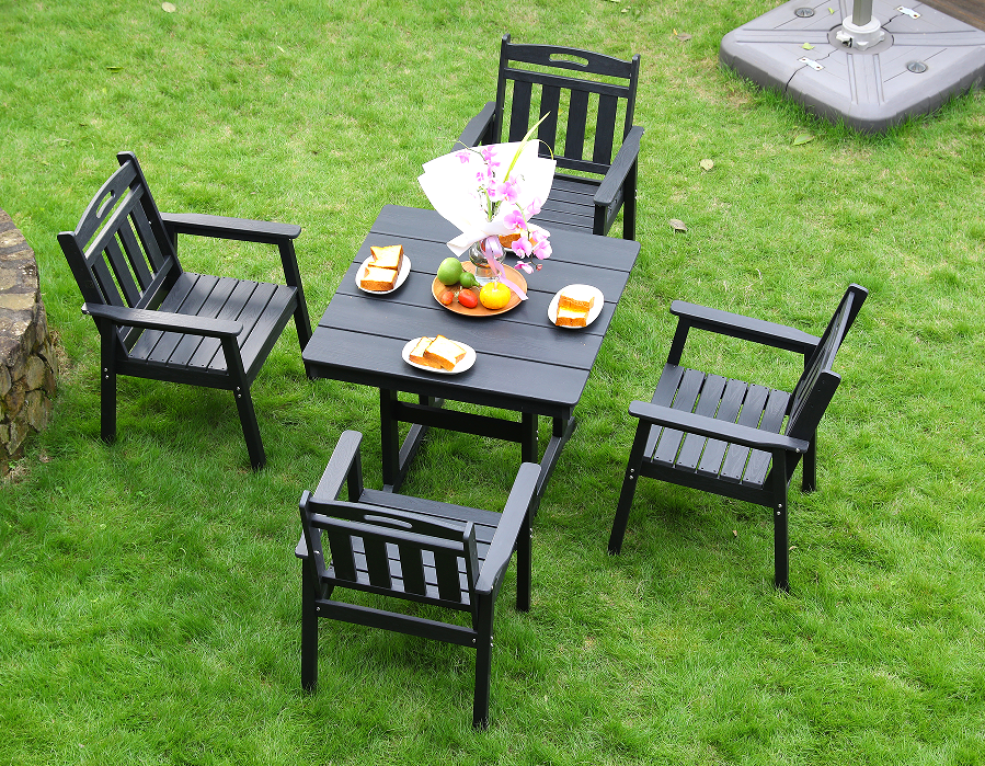 Sedia da pranzo per esterni in HDPE 4 sedie + tavolo quadrato set schienale verticale nero