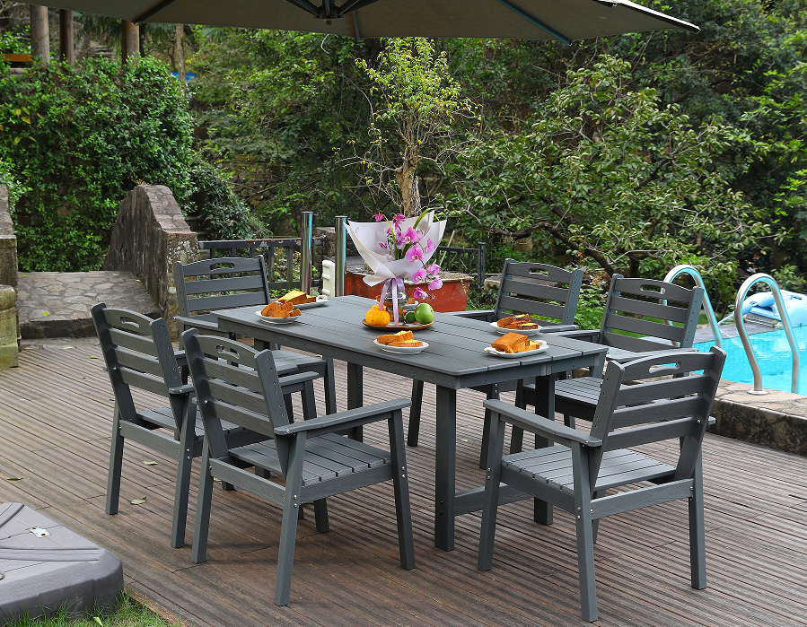 Set da pranzo da esterno da 6 pezzi in HDPE grigio con schienale orizzontale