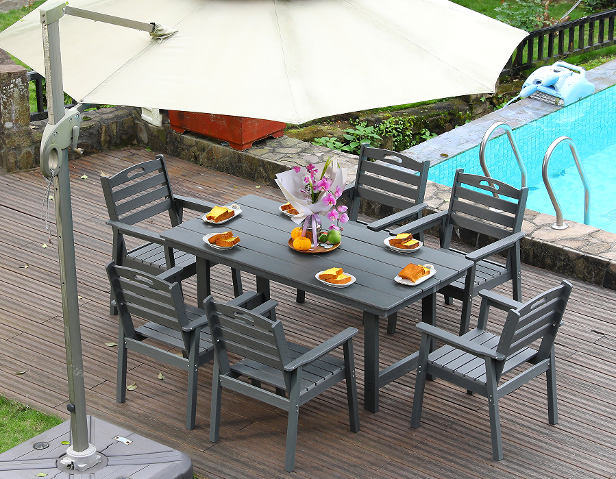 Set da pranzo da esterno da 6 pezzi in HDPE grigio con schienale orizzontale