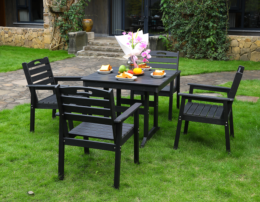 Set da pranzo quadrato da 4 pezzi in HDPE nero con schienale orizzontale