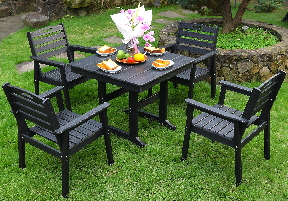 Set da pranzo quadrato da 4 pezzi in HDPE nero con schienale orizzontale