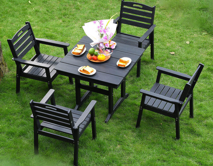 Set da pranzo quadrato da 4 pezzi in HDPE nero con schienale orizzontale