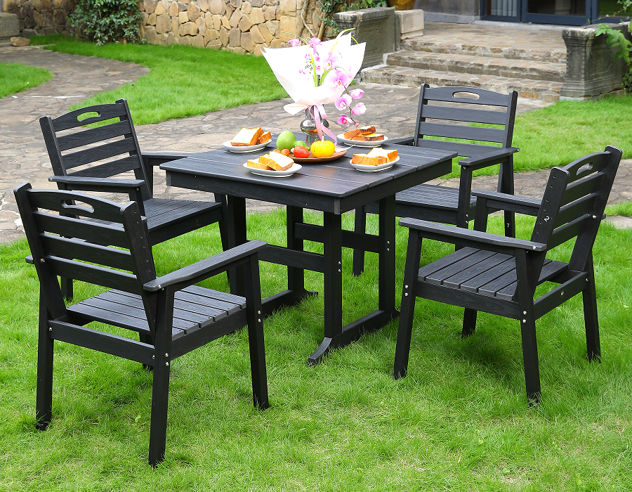 Set da pranzo quadrato da 4 pezzi in HDPE nero con schienale orizzontale