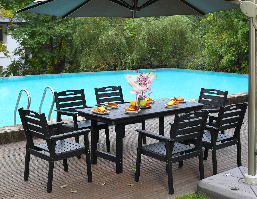 Set da pranzo da esterno da 6 pezzi in HDPE nero con schienale orizzontale
