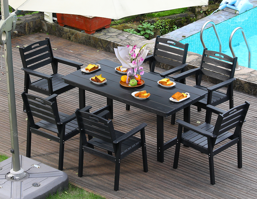 Set da pranzo da esterno da 6 pezzi in HDPE nero con schienale orizzontale