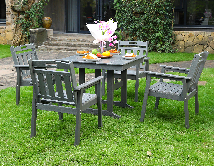 Set da pranzo quadrato da 4 pezzi in HDPE grigio con schienale verticale