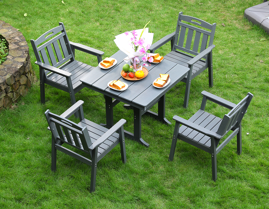 Set da pranzo quadrato da 4 pezzi in HDPE grigio con schienale verticale