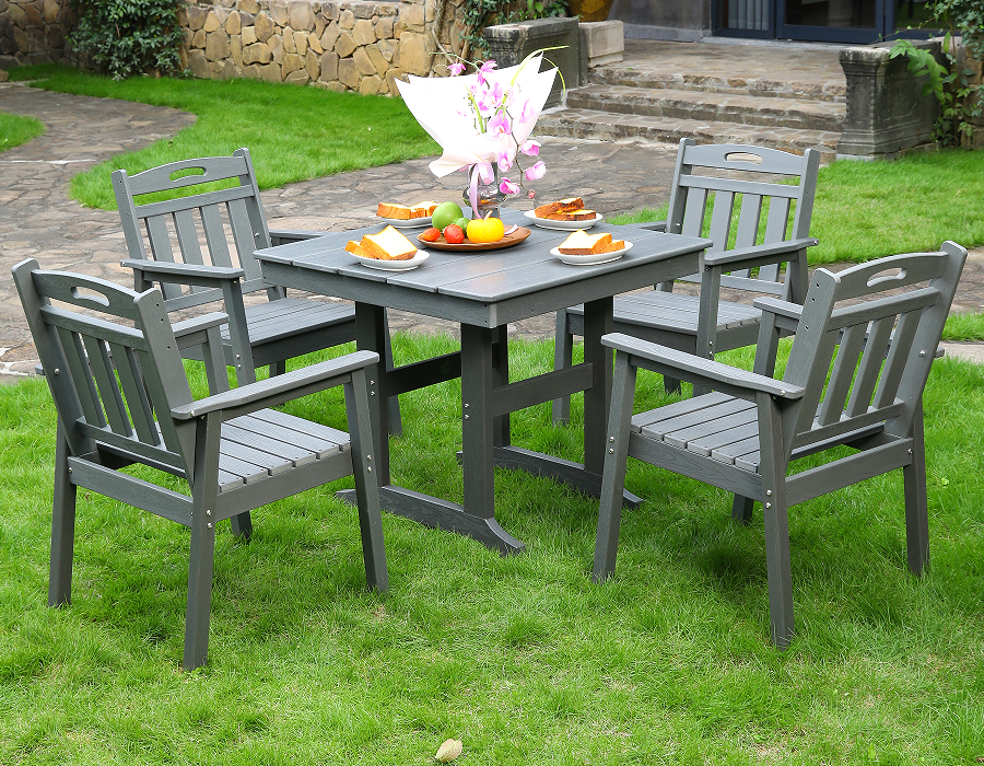 Set da pranzo quadrato da 4 pezzi in HDPE grigio con schienale verticale