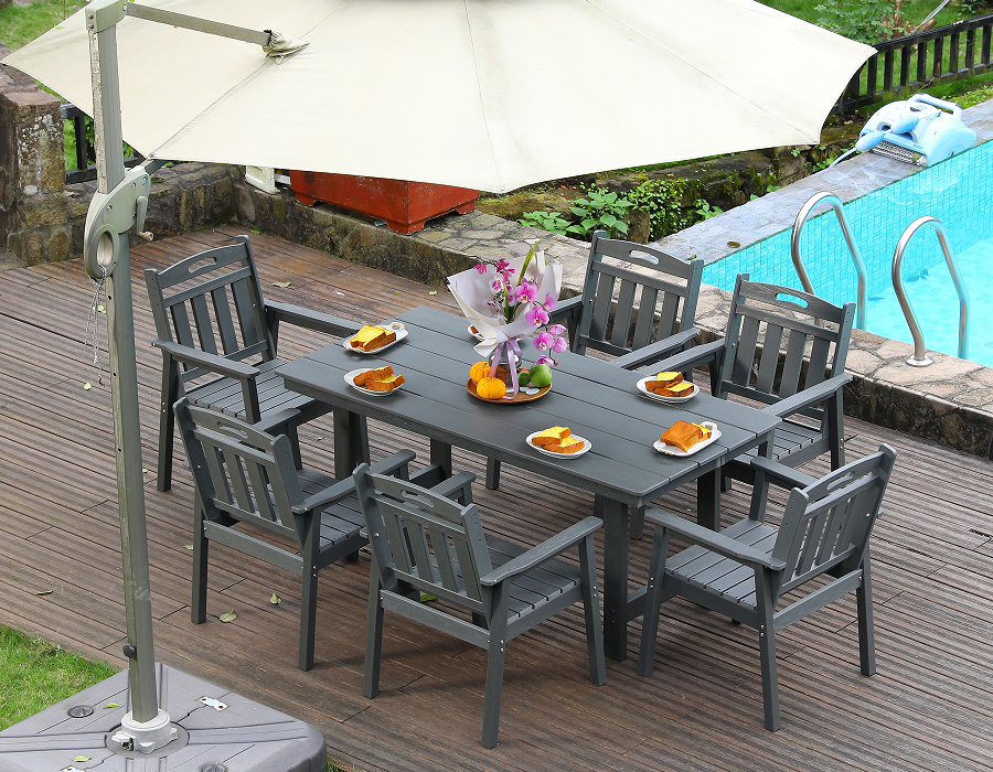 Set da pranzo da esterno da 6 pezzi in HDPE grigio con schienale verticale