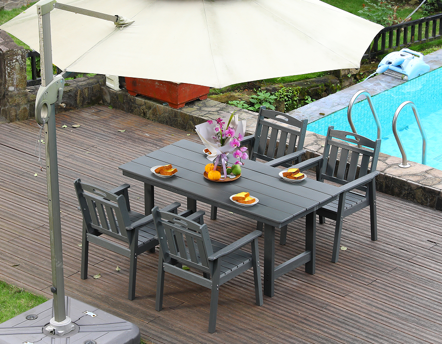 Set da pranzo da esterno in HDPE grigio da 4 pezzi con schienale verticale