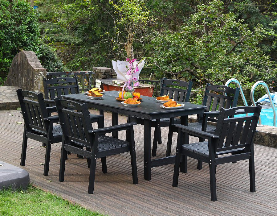 Set da pranzo da esterno da 6 pezzi in HDPE nero con schienale verticale