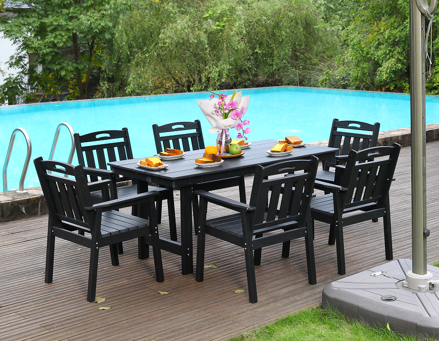Set da pranzo da esterno da 6 pezzi in HDPE nero con schienale verticale