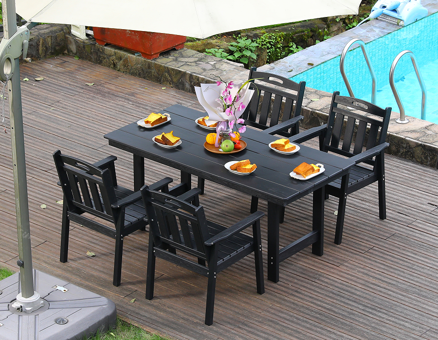 Set da pranzo da esterno in HDPE nero da 4 pezzi con schienale verticale